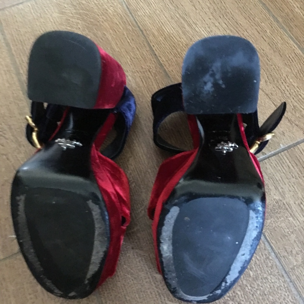 Prada Bicolor Velvet Red & Navy Platform Sandals - Picture 3 of 6